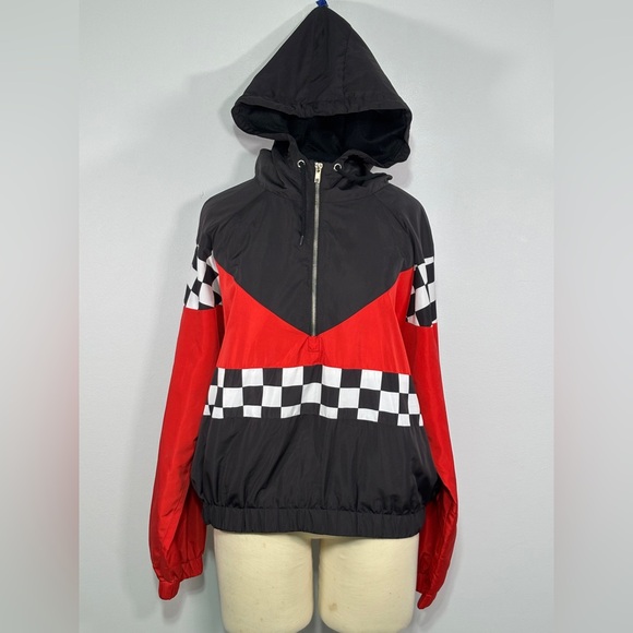 Forever 21 Jackets & Blazers - Forever 21 Racing Windbreaker 1/2  Zip Jacket Black Red Checkered Women L Hooded